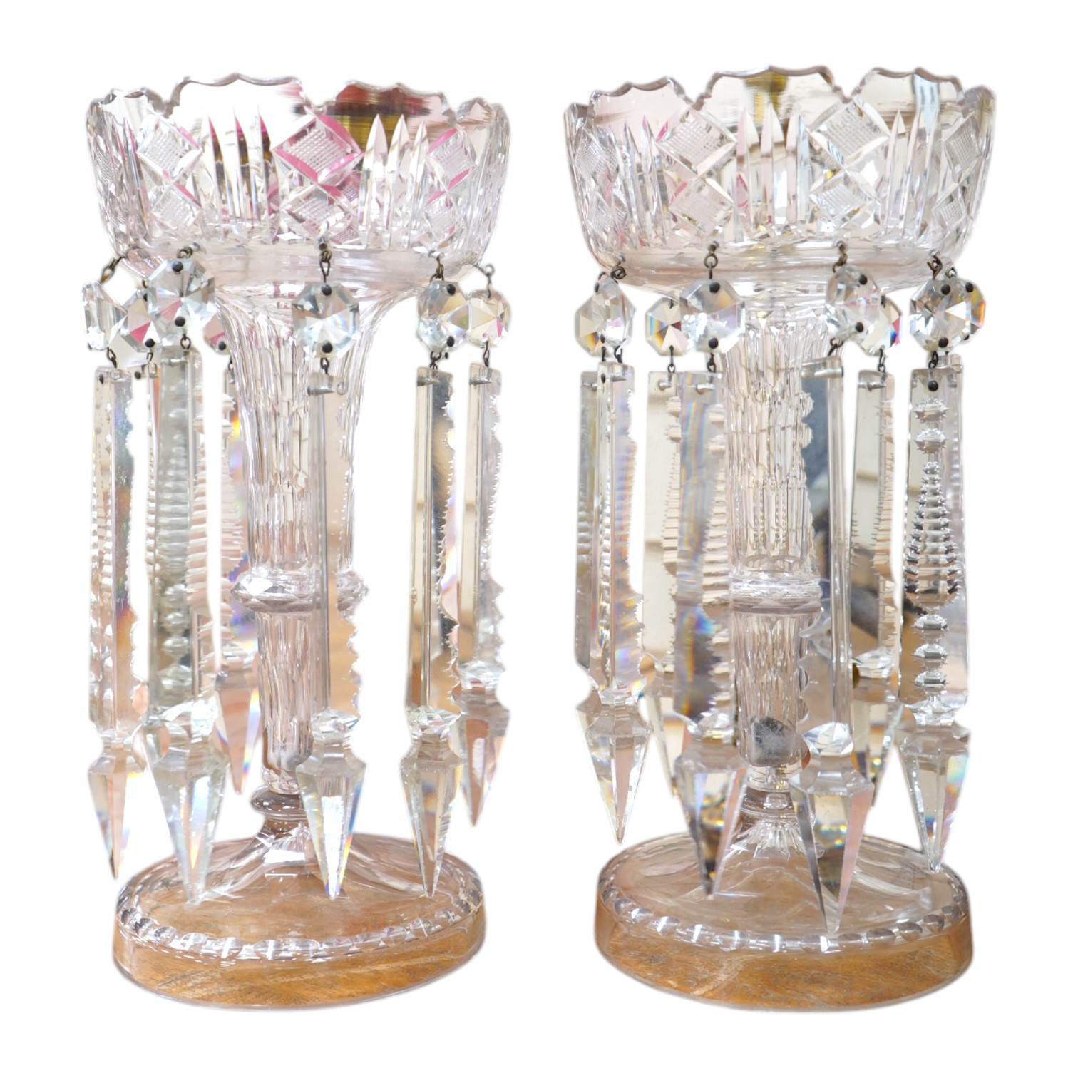 A pair of 19th century Bohemian glass lustres with crystal drops, overall 28cm high, drop 18cm. Condition - fair some chipping